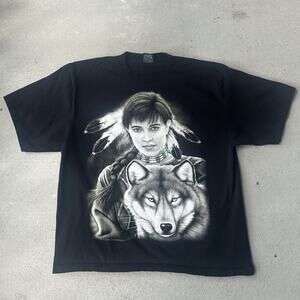 VTG 90s Rock Eagle Black Thailand T-Shirt XL Wolf Native Girl